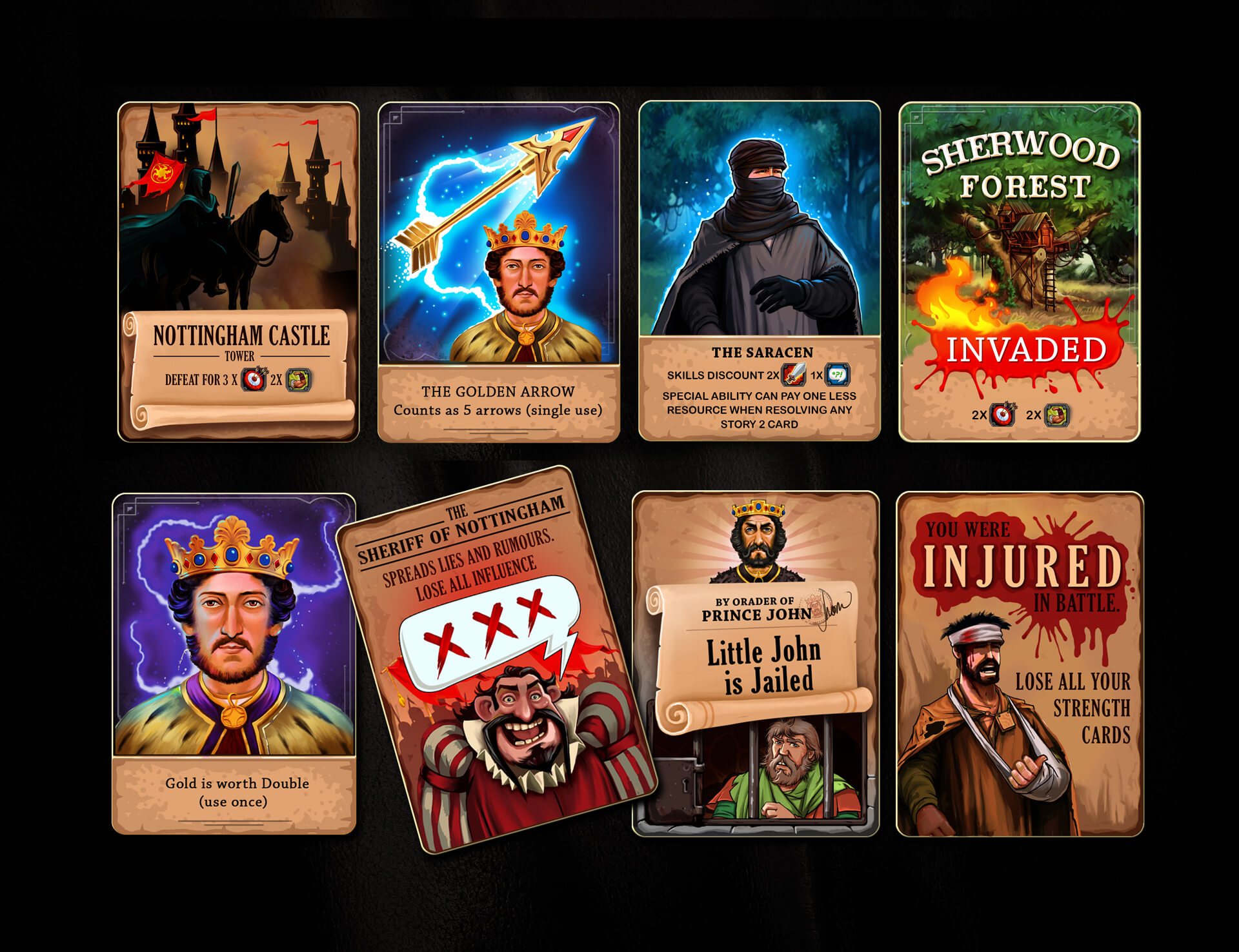 Eight Robin Hood cards: Nottingham Castle, Golden Arrow, The Saracen, Sherwood Forest Invaded, King Richard, Sheriff of Nottingham, Little John jailed, Injured