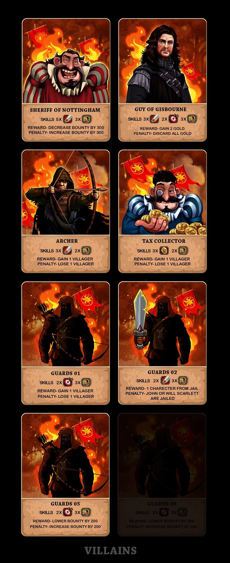 Villain cards: Sheriff of Nottingham, Guy of Gisbourne, Archer, Tax Collector and guards