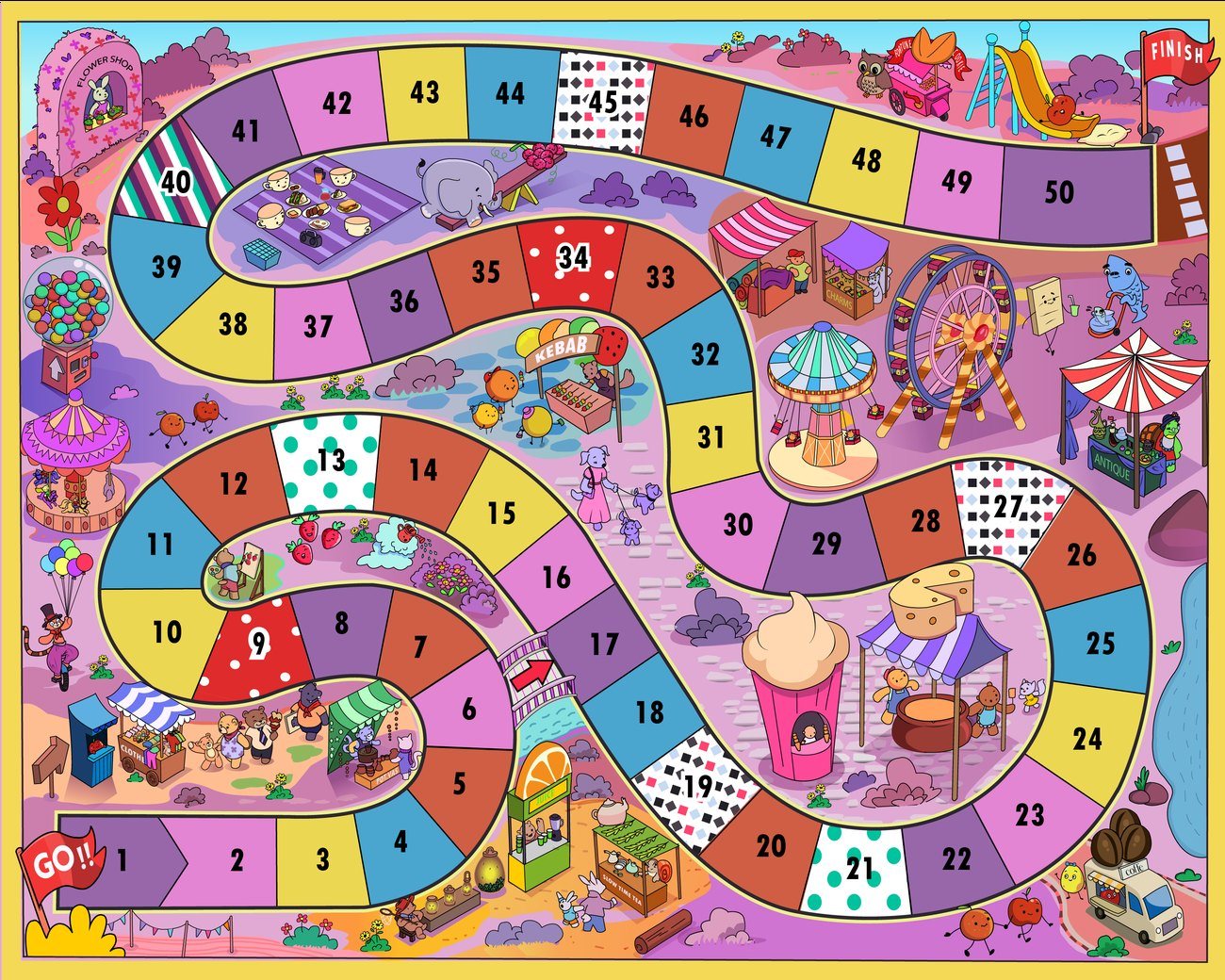Freckled and Peeled carnival board with 50 numbered spaces