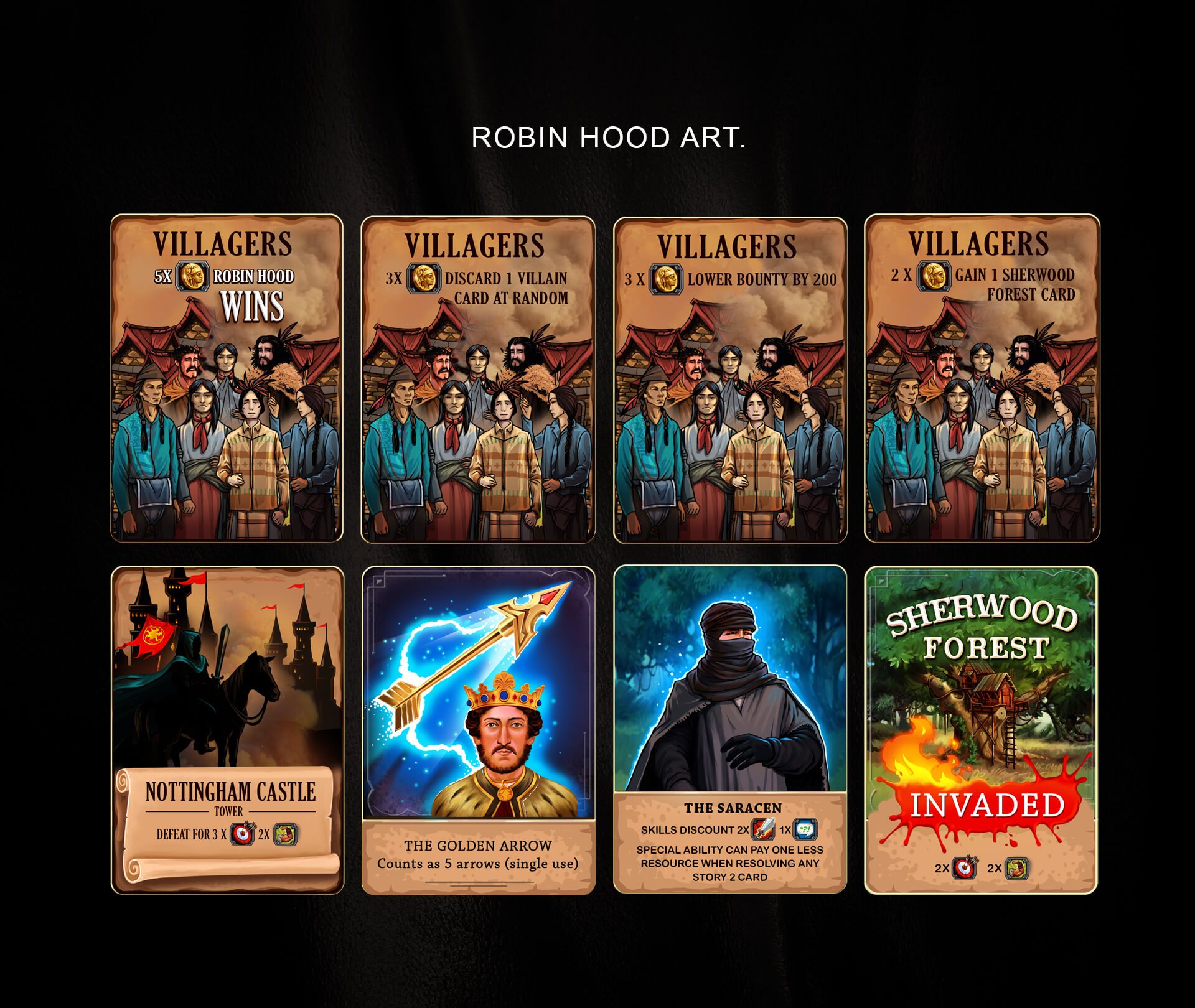 Villager cards with different rewards, plus location and ability cards