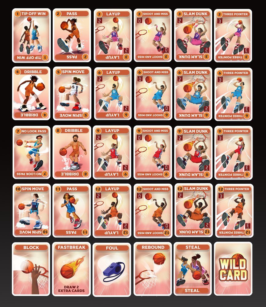 Sheet of 30 basketball action cards