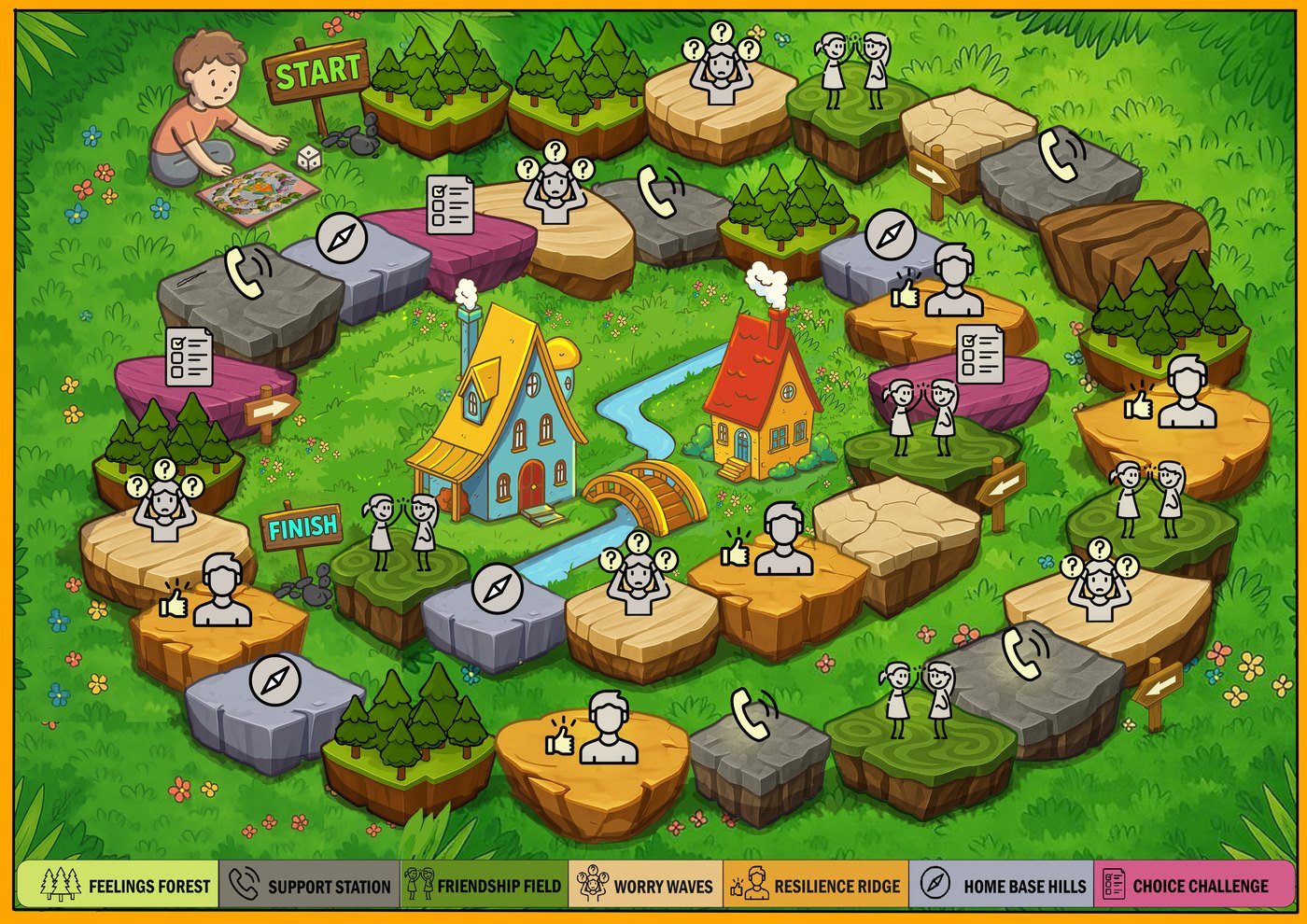 Caught in the Middle board: winding path through Feelings Forest and Worry Waves