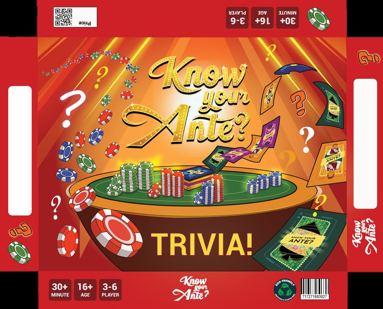 Know Your Ante box front: poker table, chips and trivia cards