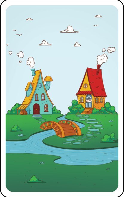 Card front: houses by a river