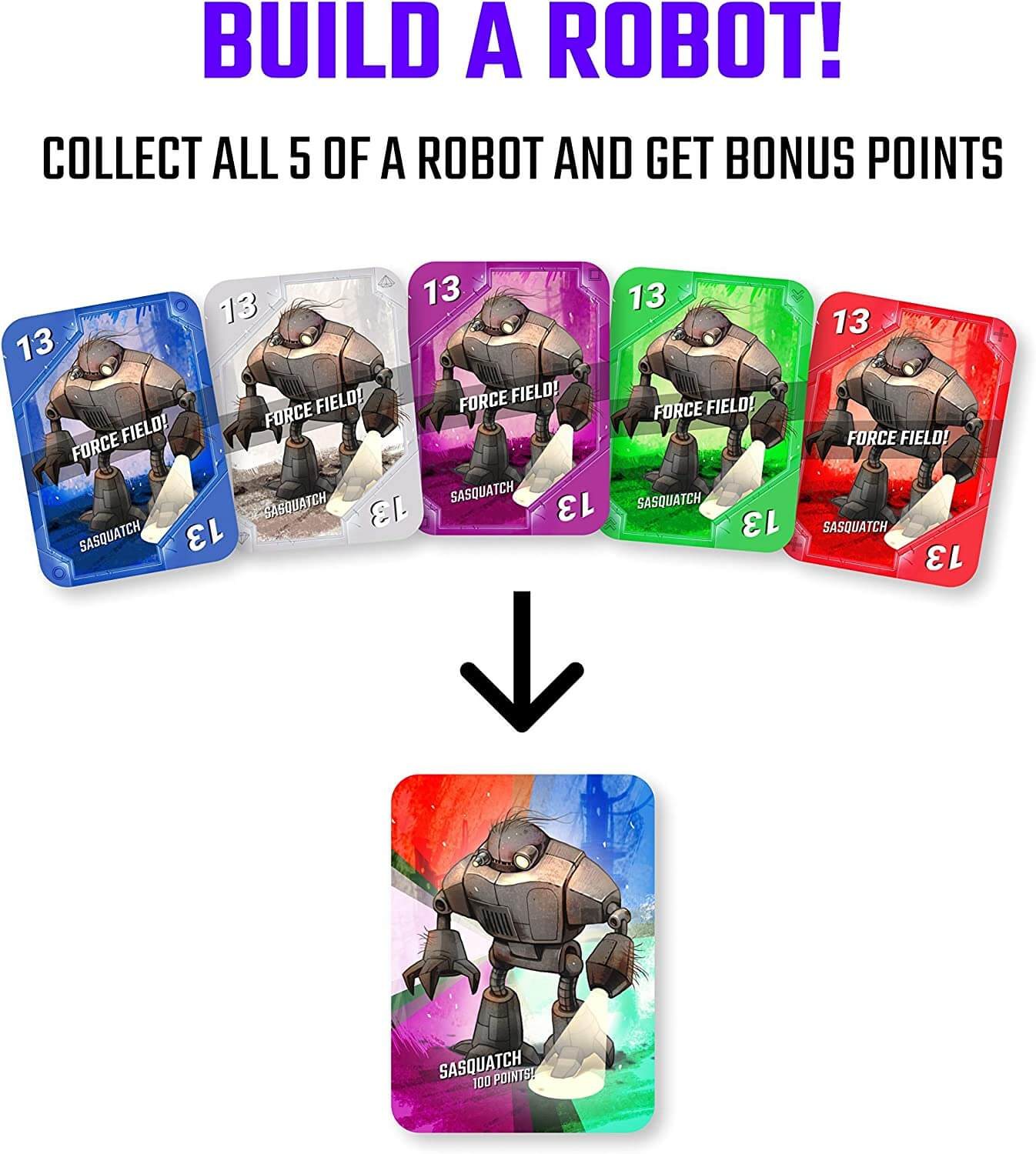 Build a robot: five coloured Sasquatch cards combine into a 100-point card