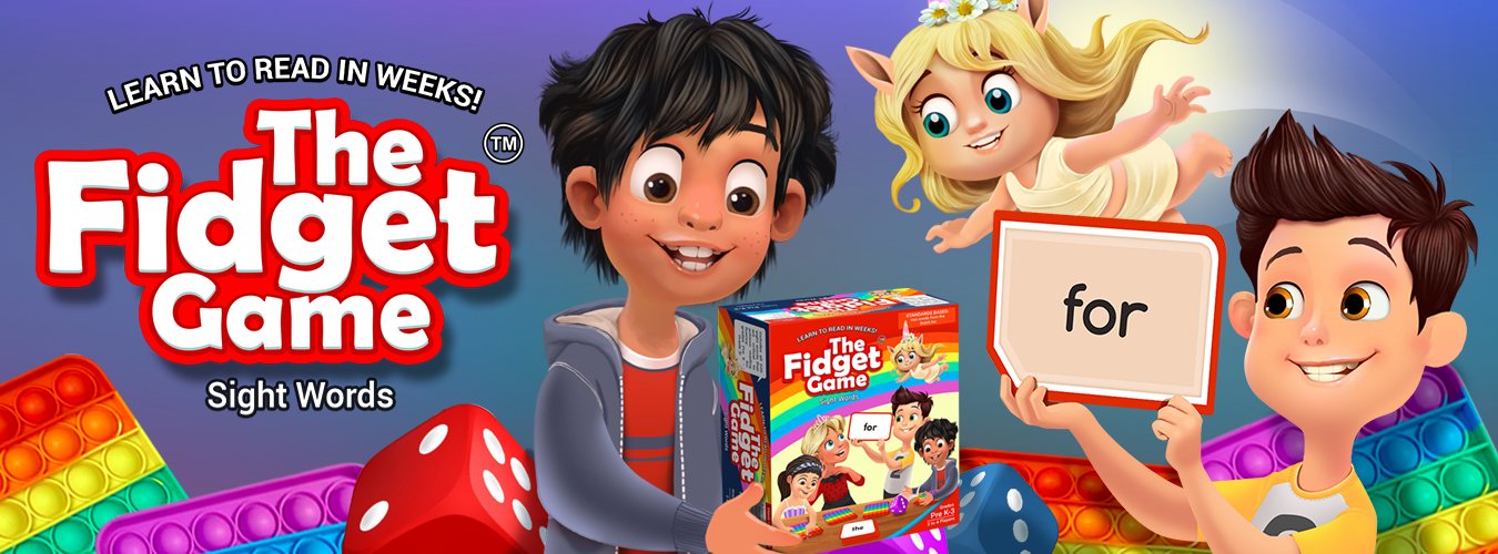 The Fidget Game: Sight Words banner with kids, unicorn girl, dice and pop-it toys