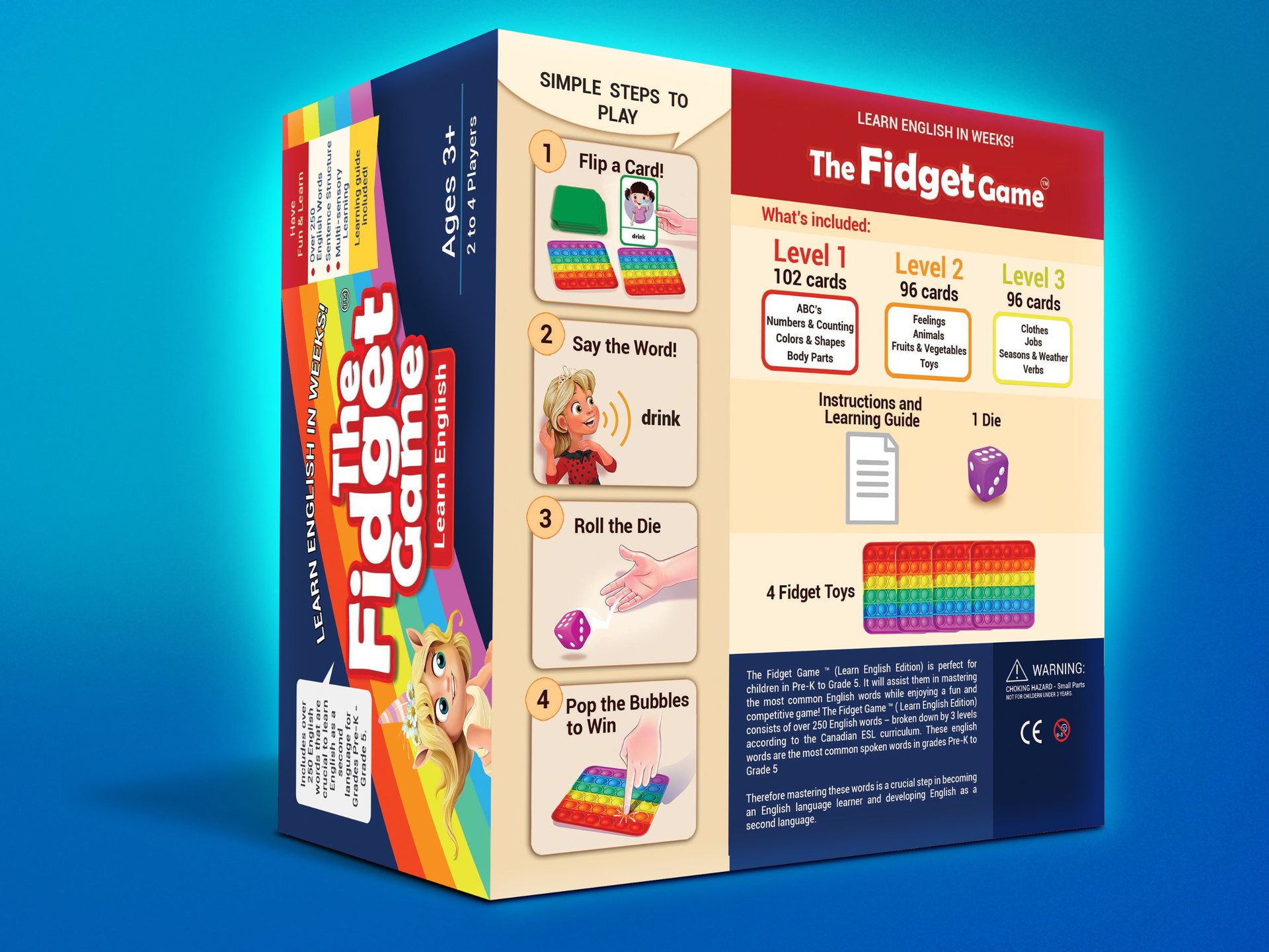 Box back: illustrated how-to-play steps and contents