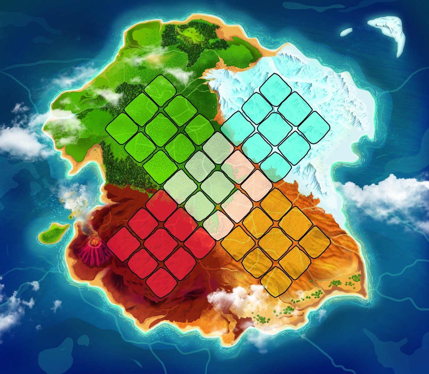 Skyscraper Saga island map with five continents and grid territories