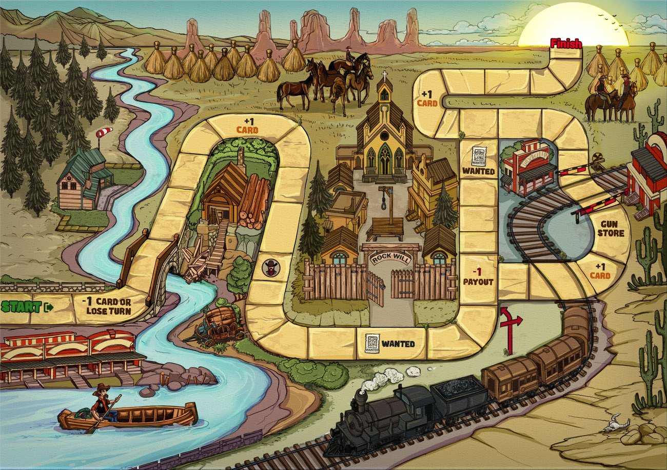 Wild West map board with river, town and railway