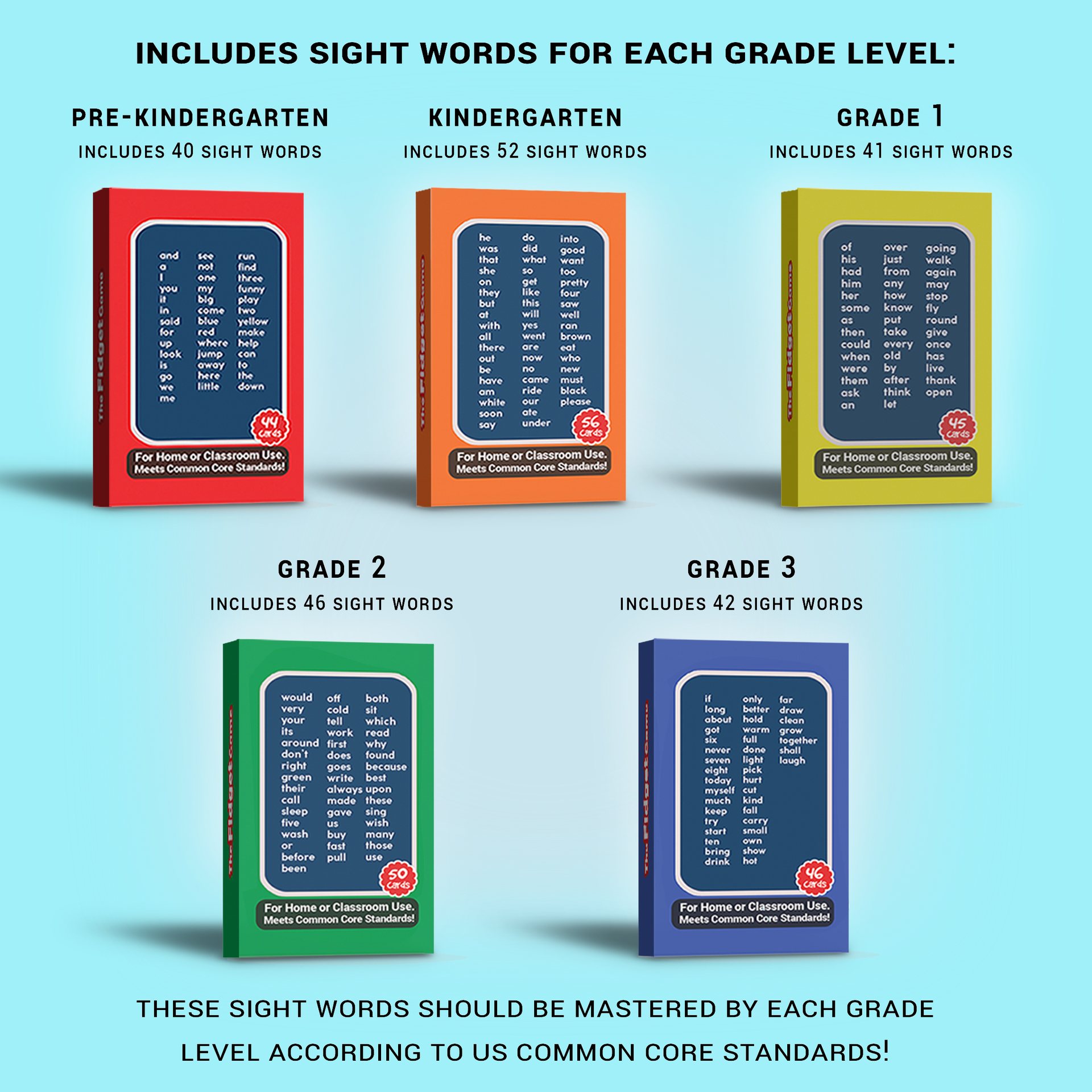 Five sight-word decks, one per grade