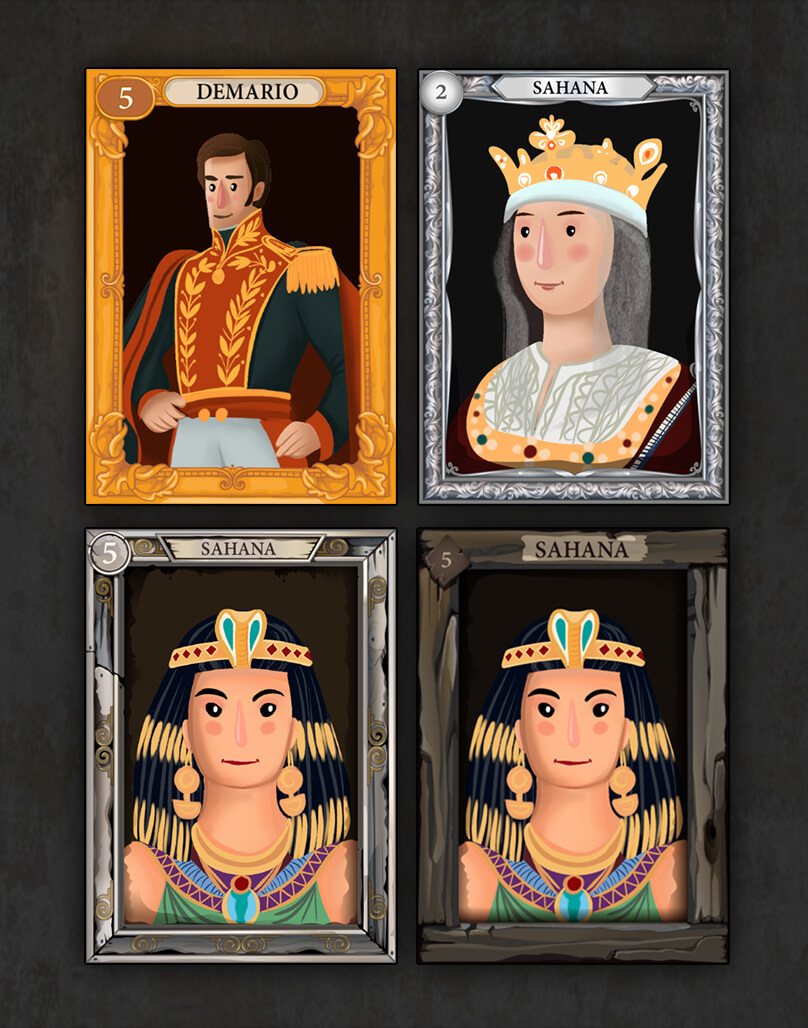 Four Royal Wars character cards with gold, silver, stone and wood frames