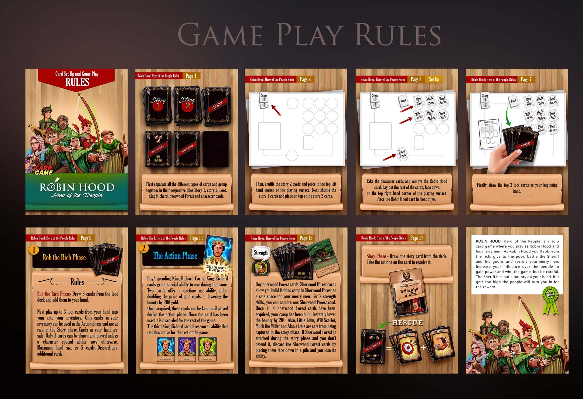 Illustrated rulebook pages: setup, Rob the Rich phase, Action phase, Story phase