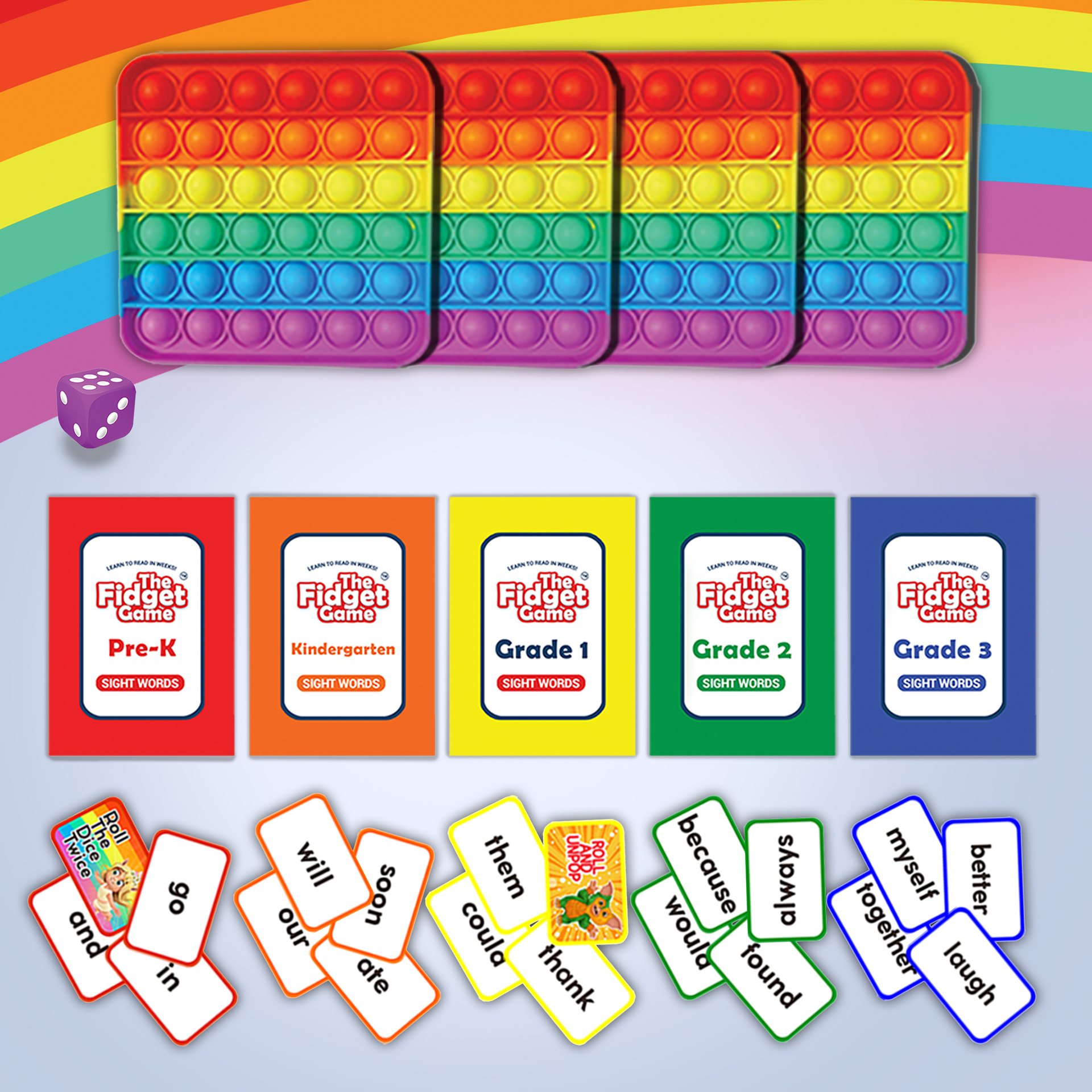 Components: pop-it toys, die, grade card backs and word cards