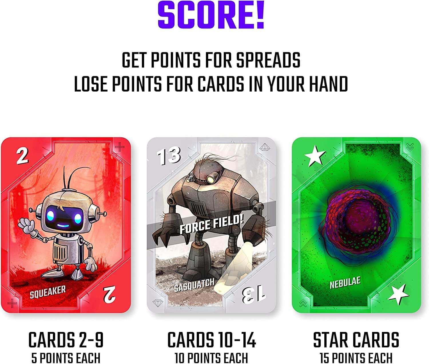 Score: cards 2-9 five points, 10-14 ten points, star cards fifteen points