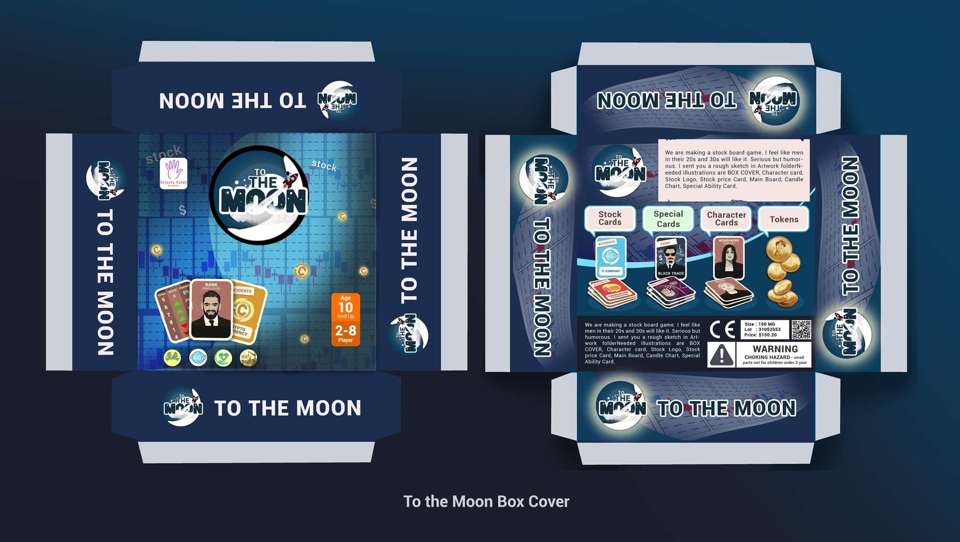 To the Moon box dieline: lid and base with logo, cards and tokens