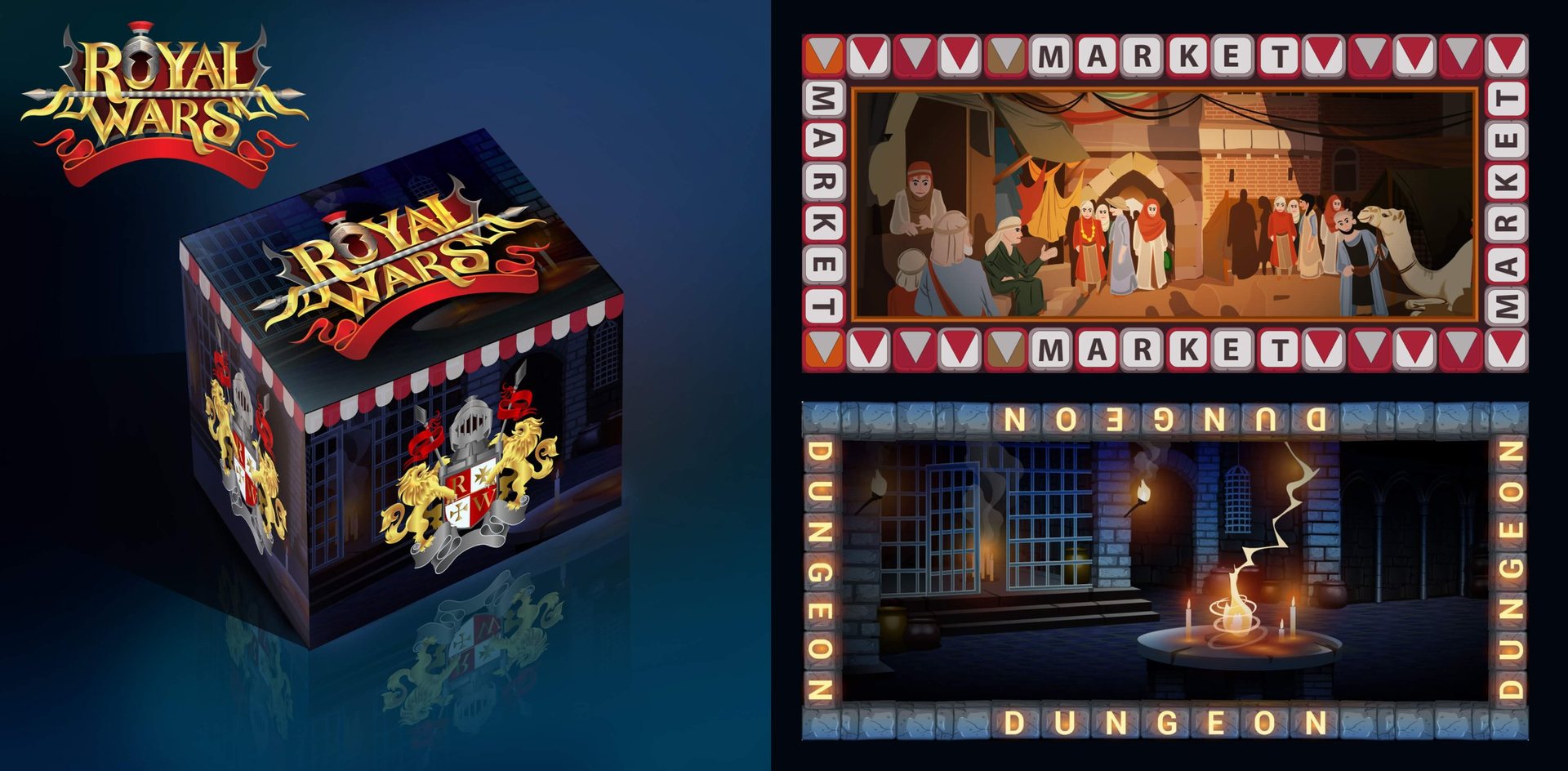 Royal Wars logo, box, Market and Dungeon boards