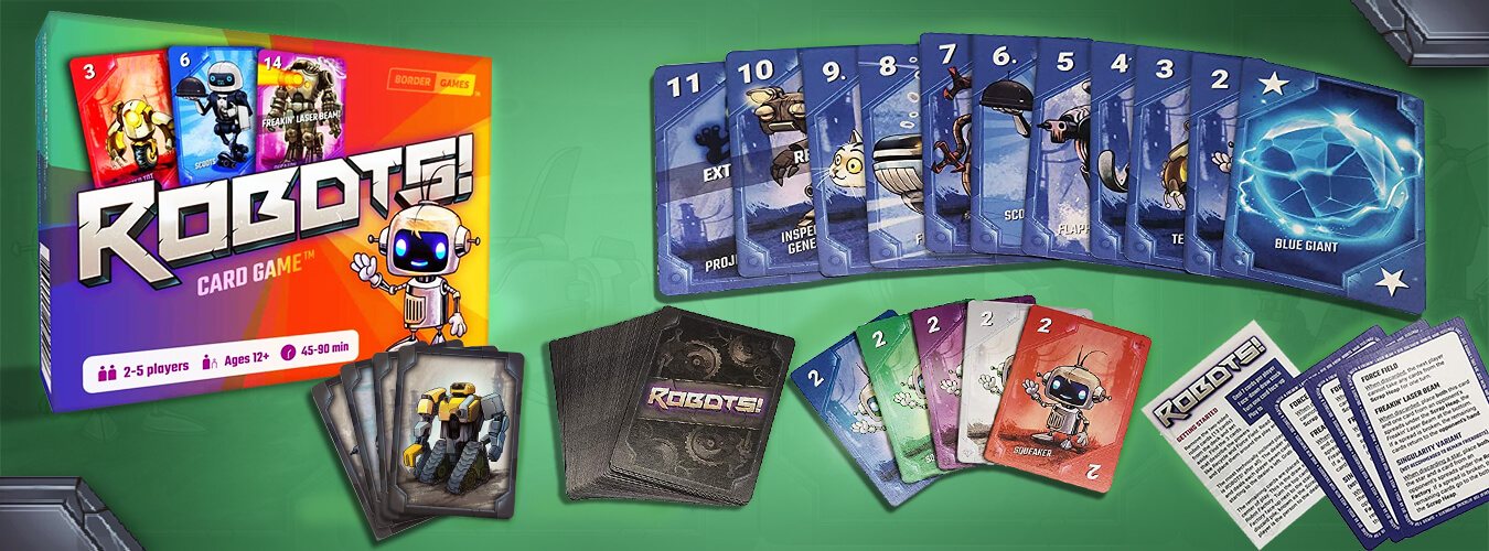 Robots! Card Game banner: box, robot cards fanned out, card backs and rules