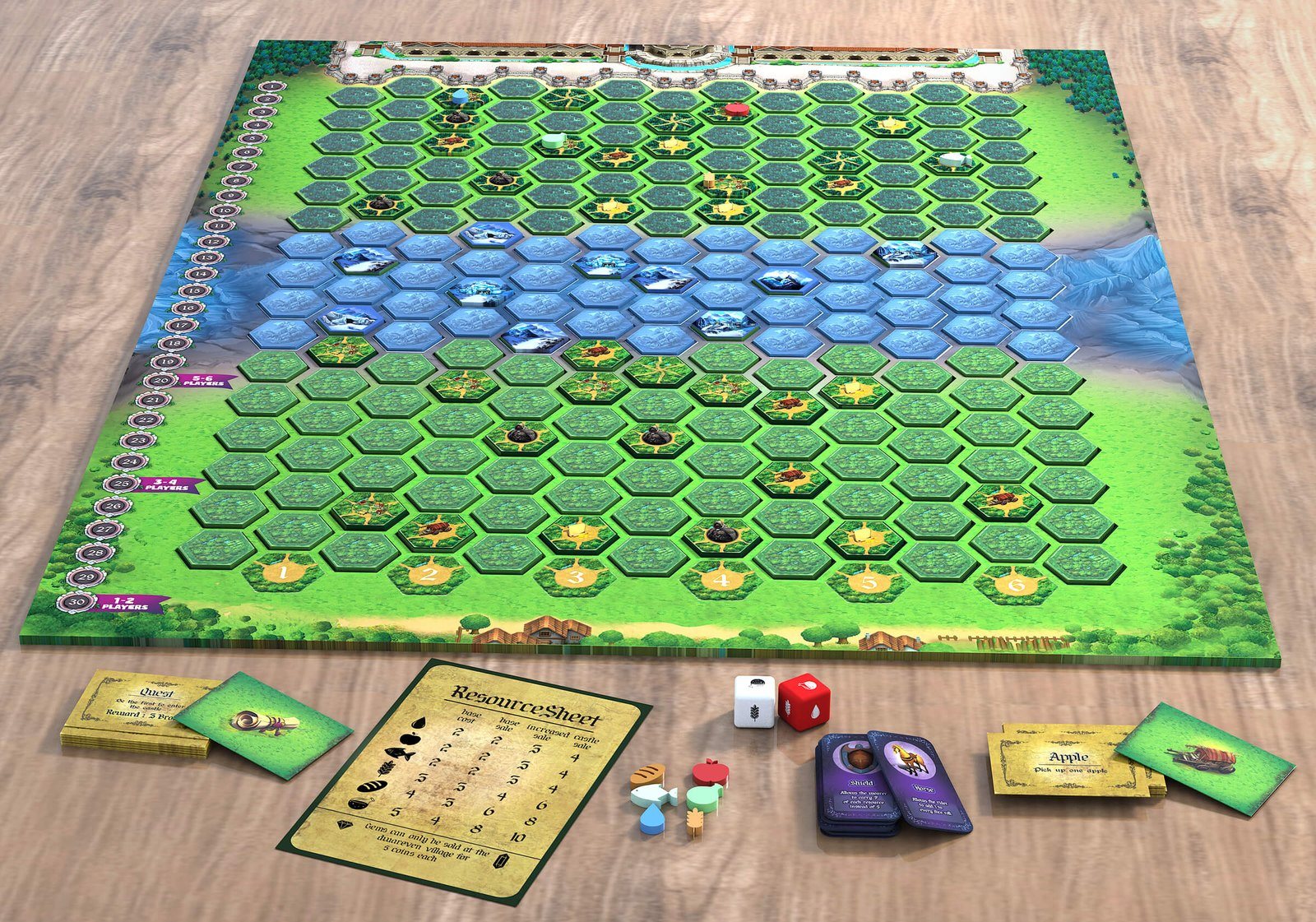 Merchants Quest hex board with cards, dice and pieces